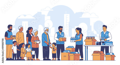 Community members receiving aid from volunteers outdoors