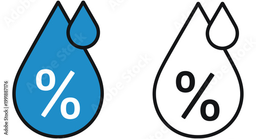 Water drop level icon set featuring minimalist liquid volume measurement symbols, hydration drink indicators, clean flat design elements, and modern