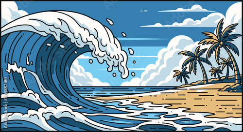 Dramatic wave crashing on sandy shoreline with palm trees and blue sky
