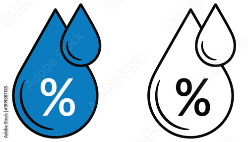 Water drop level icon set featuring minimalist liquid volume measurement symbols, hydration drink indicators, clean flat design elements, and modern