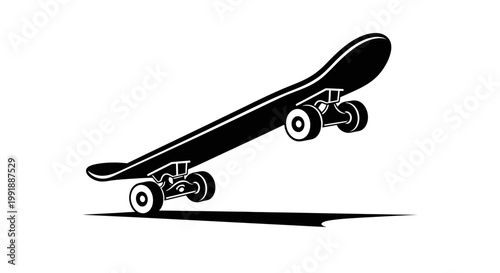 Black skateboard with white wheels jumping.