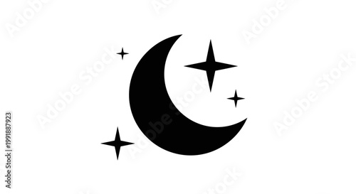 Black crescent moon with stars symbol.