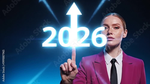Professional woman pointing at futuristic 2026 digital projection in business presentation
