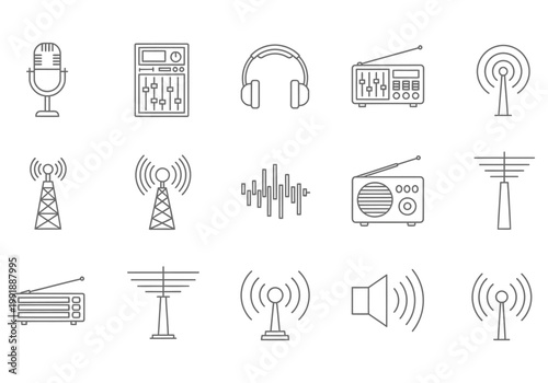Collection of hand drawn communication and audio equipment icons