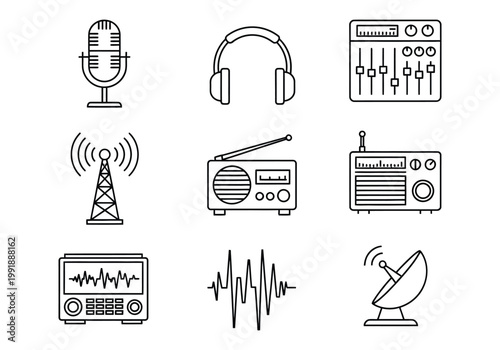 Audio equipment icons microphones headphones radios and sound visualization