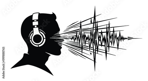 Black silhouette of person wearing headphones with sound waves emanating from mouth, representing audio or music concept in modern minimalist style