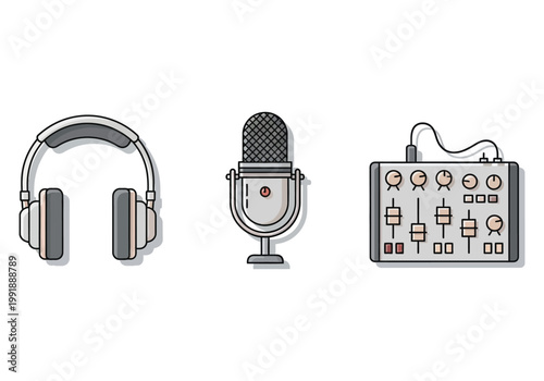 Audio equipment setup headphones microphone and mixer for recording