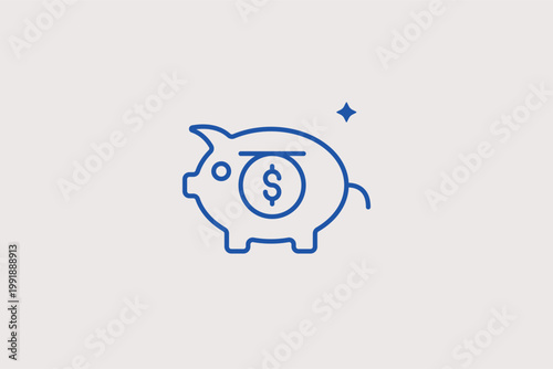 Piggy bank with dollar coin line icon for personal savings and frugal living habits. Thriftful Vector Illustration for kids' banking education and retirement fund marketing.