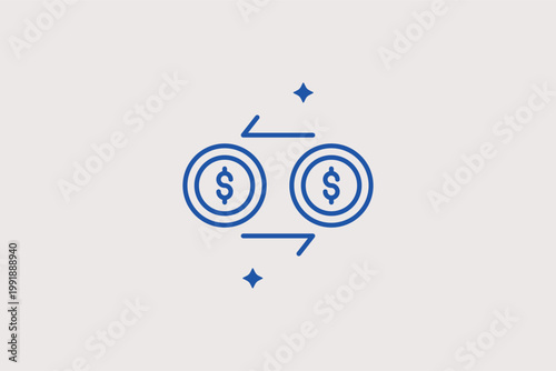 Two coins with exchange arrows line icon for currency conversion and p2p money transfers. Transactional Vector Illustration for digital wallet features and foreign exchange market platforms.
