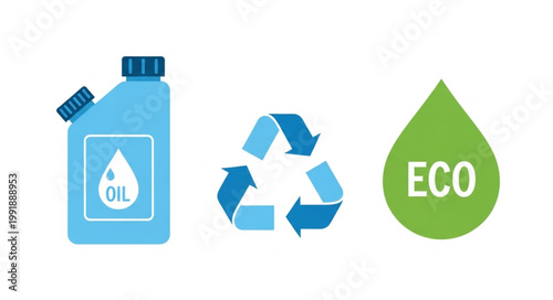 Recycling symbol with oil bottle and eco drop.