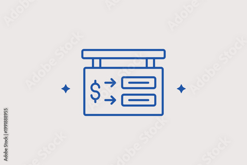 Display board with money rates line icon for currency exchange booths and stock ticker displays. Dynamic Vector Illustration for airport terminal services and financial news broadcast backgrounds.