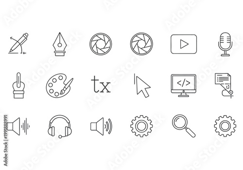 Collection of minimalist line icons representing audio music and communication tools