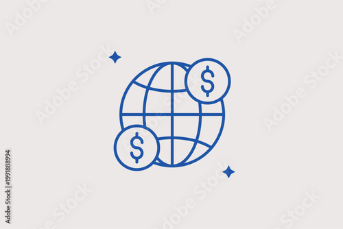 Globe with floating dollar coins line icon for world currency exchange and international trade. Universal Vector Illustration for remittance service branding and global market analysis reports.