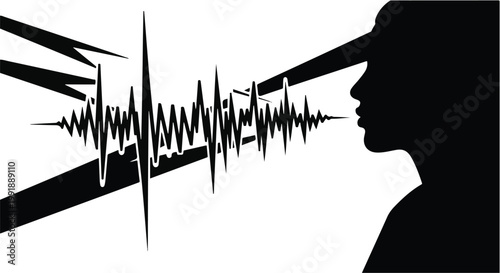 Silhouette of person hearing sound waves, audio signal, hearing concept, sound wave pattern, black and white illustration