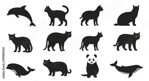 Collection of Animal Silhouettes Including Cats Dolphins Whales and Panda.