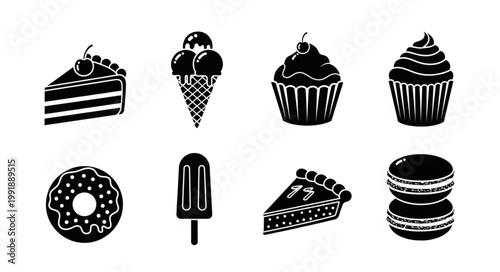 Collection of Sweet Dessert Icons in Black and White Silhouette.