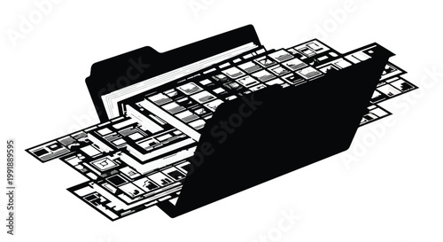 Computer keyboard with maze labyrinth design on keys and large keys folders on top abstract conceptual technology illustration for business education