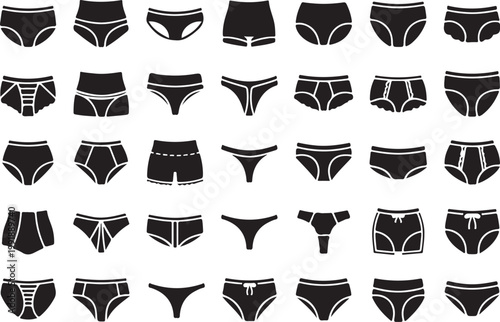 Diverse collection of underwear styles in black and white illustration silhouette vector icon