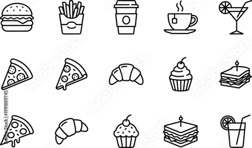 food and drink line icons set with burger fries pizza coffee tea cocktail croissant cupcake sandwich and dessert snack symbols isolated on transparent background