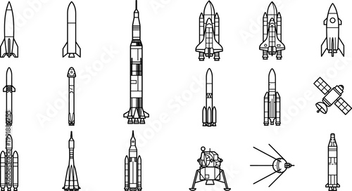 space rocket and spacecraft line icons set with launch vehicles satellites orbital station lander module probe capsule and aerospace exploration symbols isolated on transparent background