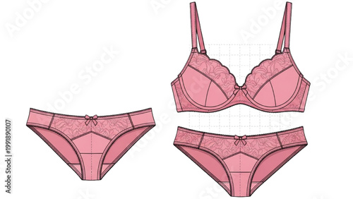 A pink lingerie set comprising a bra and panties on display