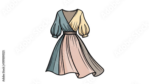 A stylish woman wears a fashionable dress outdoors in a city.