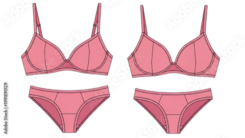 The illustration shows four pink lingerie items on a white background