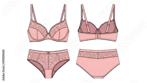 The illustration showcases various pink lingerie sets on display