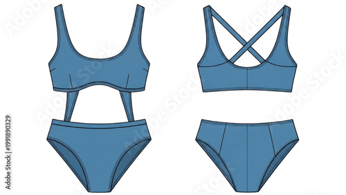 Illustration of blue swimsuits in different views and styles on white