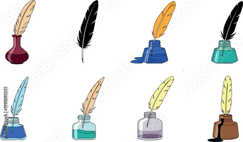 Feather quill pen and ink bottle collection vintage writing tools with different styles isolated vector illustration set