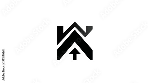 Abstract architectural concept symbol with upward arrow and roof silhouette, representing growth, building, and real estate development.