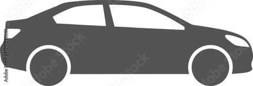 Simple black silhouette of a modern sedan car icon on a white background