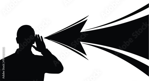 Man shouting into megaphone loudspeaker black silhouette icon with motion lines, communication concept for business marketing and announcement
