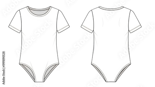 Two white baby onesies illustrated front and back on a plain background
