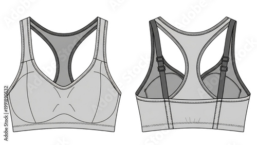 Two gray sports bras with black straps are shown from front and back views.