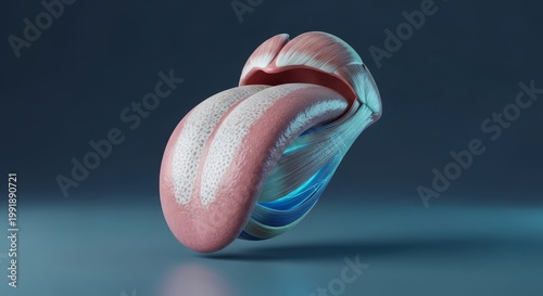 Tongue muscle 3D anatomical render, muscular fiber bundle visualization, intrinsic and extrinsic muscle structure, mucosal papilla surface, neuromuscular function concept, physiology study