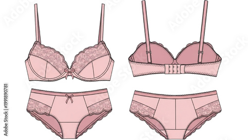 The illustration showcases various pink lingerie sets on display