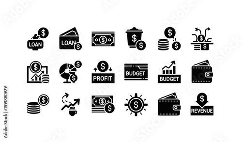 Finance icon set solid loan cash saving profit budget revenue vector collection