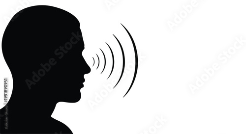 Black silhouette of a person speaking or shouting with sound waves coming out of mouth in profile view on white background