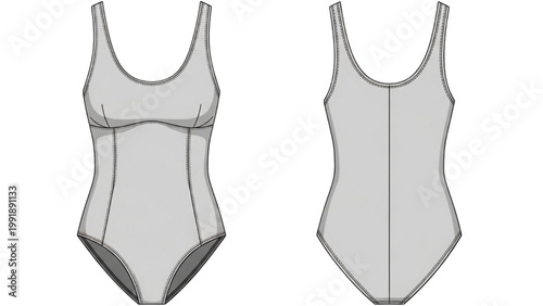 Illustration shows a bodysuit from front and back on white