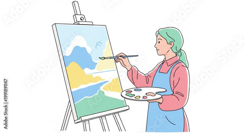 Artist painting landscape on canvas easel with palette and brush.