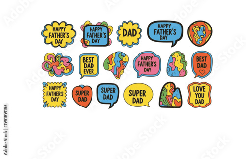 Funky Groovy Doodle Father's Day Sticker Set. Hand Drawn Contemporary Figures and Chat Elements for Banner and Print.
