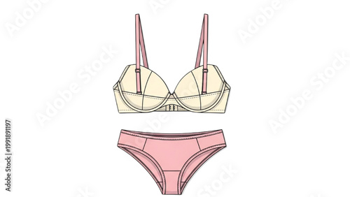 The illustration shows a pink ladies underwear and a cream-colored bra on a white background.