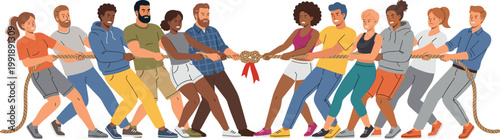 Tug of war collection, teamwork competition people pulling, isolated vector illustration design sport bundle challenge set