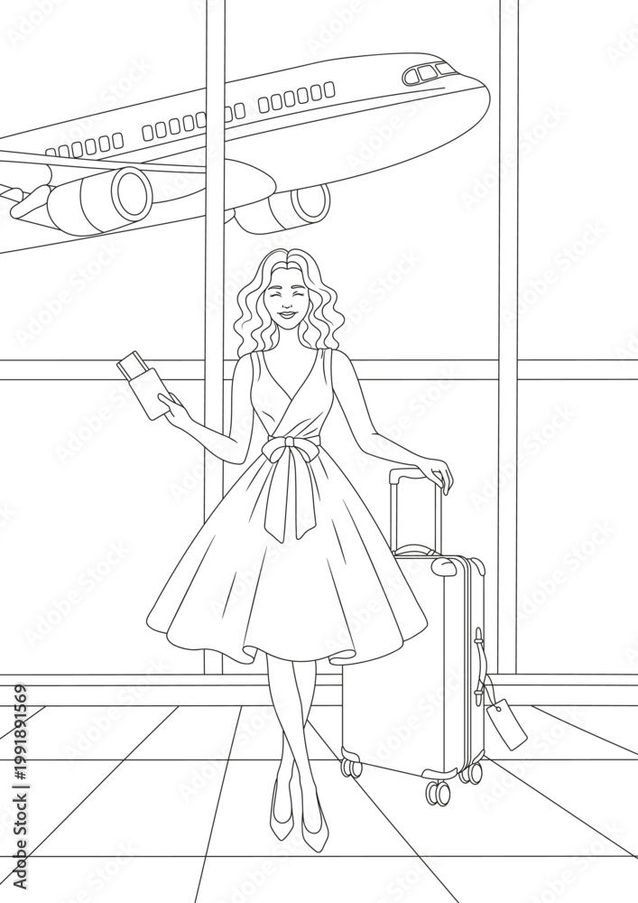 Obraz premium Travel. Girl with ticket and suitcase at the airport. Coloring page.