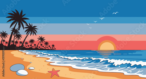 Beach sunset scene with palm trees and ocean waves illustration