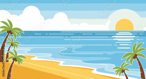 Beachfront scene with ocean waves palm trees and bright sunshine illustration