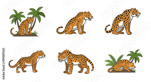 Cartoon jaguars in various poses set against generic tropical backgrounds