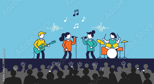 Band performs live music on stage to an enthusiastic concert crowd.