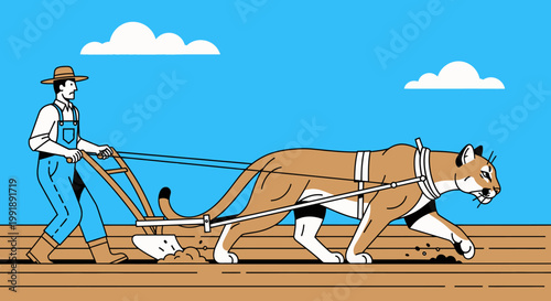 Farmer plowing field with big cat illustration against blue sky